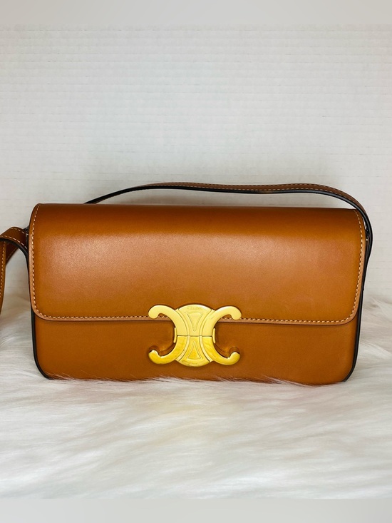 Celine Handbags - Celine Triomphe Cognac Leather Shoulder Bag with Gold